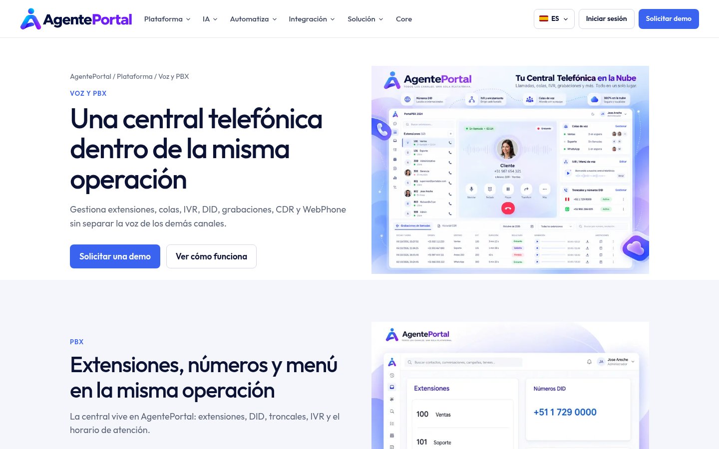 Página de Voz y PBX de AgentePortal
