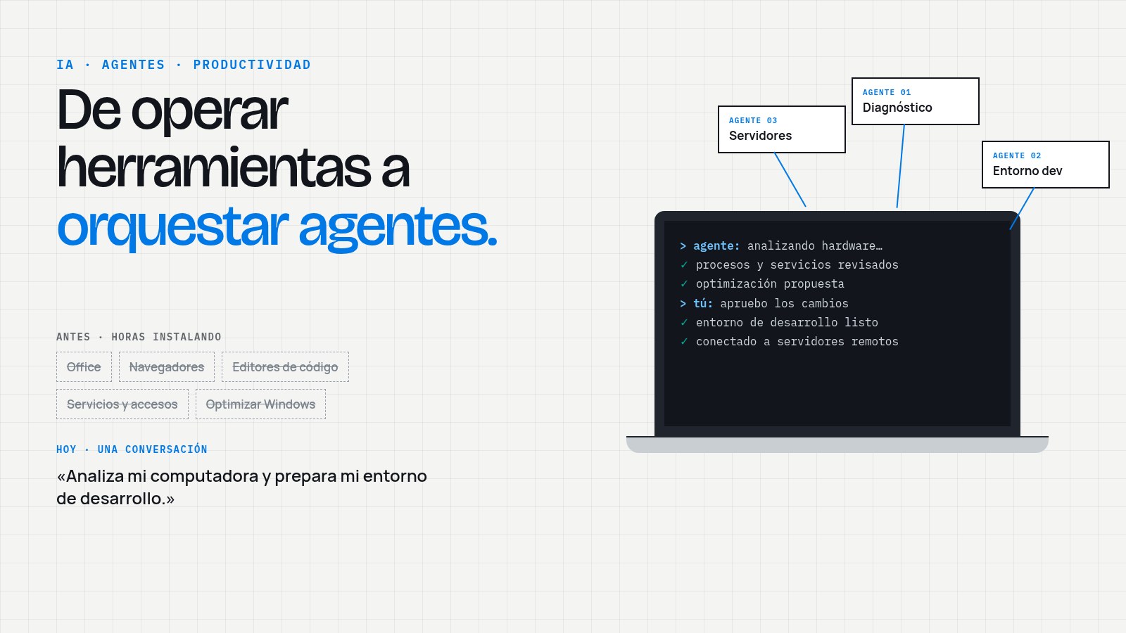 Ilustración: de operar herramientas a orquestar agentes, con una laptop y tres agentes