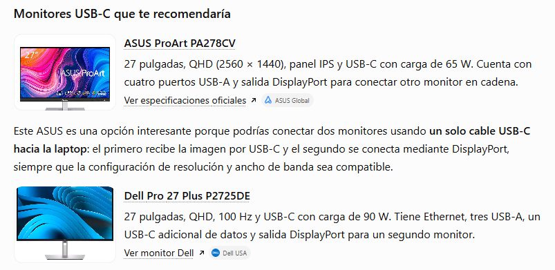 Recomendación del agente: monitores USB-C ASUS ProArt PA278CV y Dell Pro 27 Plus P2725DE, con imagen y especificaciones