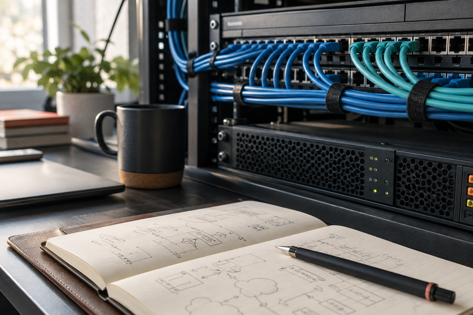 Infraestructura de telecomunicaciones junto a un cuaderno de arquitectura